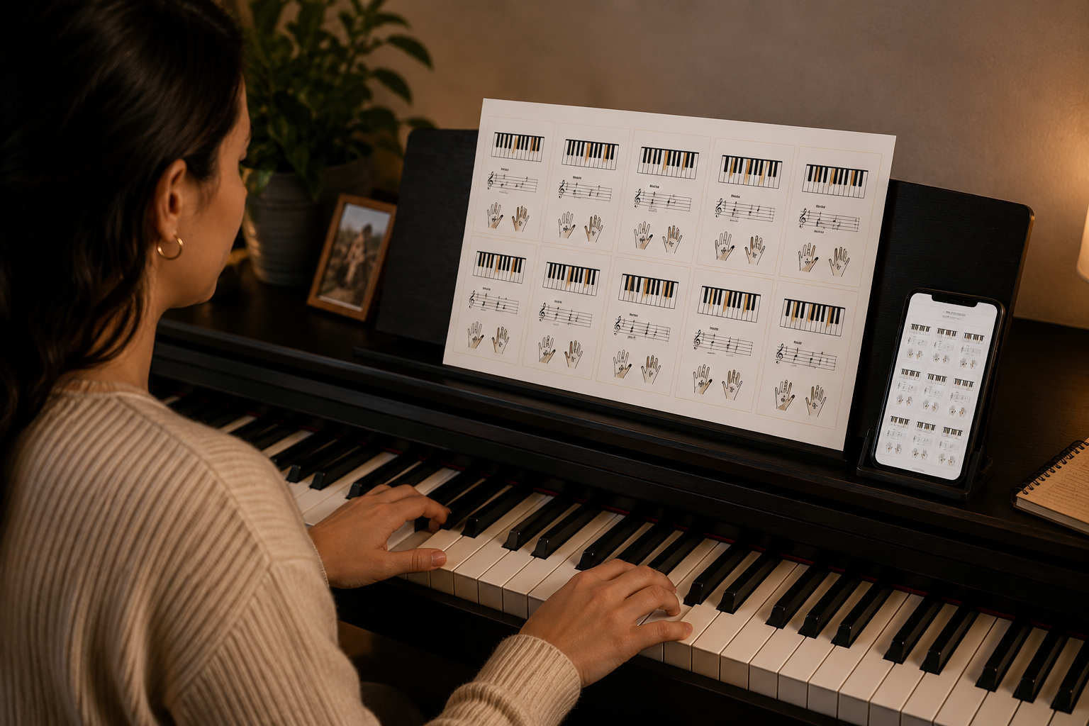 Ejercicios visuales de piano junto al teclado, sin necesidad de leer partitura tradicional